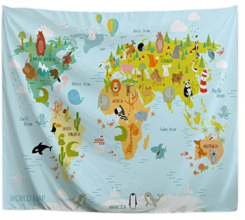 A.Monamour Wandteppiche Wanddekor Weltkarte Mit Zeichentrick Tieren Für Kinder Bild Stoff Wandtuch Wandbehang Wandkunst Wandbilder für Schlafzimmer Schlafsaal Wohnzimmer 153x203cm