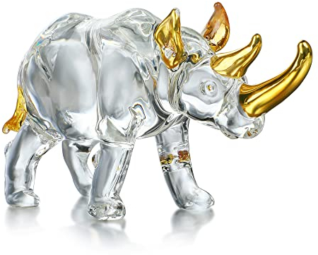 YU FENG 15,2 cm großes Nashorn aus geblasenem Glas, Sammlerstücke, Kristallkunst, Nashorn, Wildtier-Briefbeschwerer, transparent und goldfarben