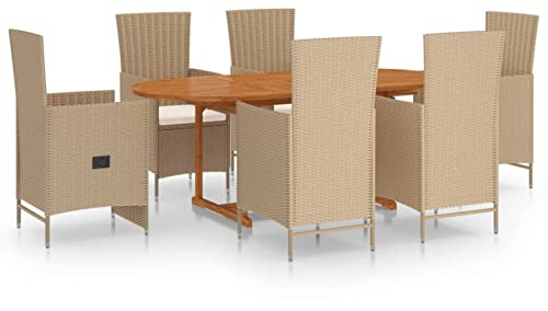 Gecheer 7-TLG. Garten Essgruppe mit 6 Verstellbarer Stuhl & 1Esstisch, Möbelsets Gartenmöbel Polyrattan Garten Sitzgruppe Gartengarnitur Garten Essgruppe Outdoor Terasse Poly Rattan Beige