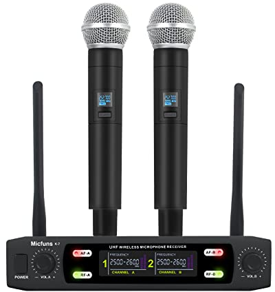 micfuns K7 - Kit microfono professionale wireless 2 palmare VHF 230-250 MHz sistema microfono 100 m distanza per karaoke, feste, lingua