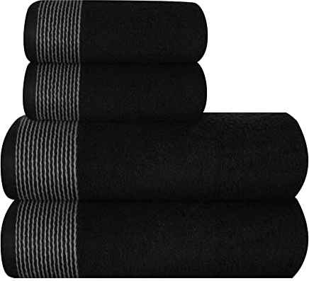 GLAMBURG Ultra Soft 4er-Pack Handtuch-Set, Baumwolle, enthält 2 übergroße Badetücher 70 x 140 cm, 2 Handtücher 50 x 90 cm, für den täglichen Gebrauch, kompakt und leicht — Schwarz