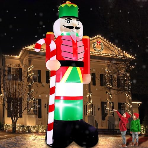 TURNMEON 14 Foot Giant Christmas Inflatable Outdoor Decorations Nutcracker with Candy Cane Blow Up Christmas Decorations Built-in LED Lights with 5 Tethers 9 Stakes Outside Yard Lawn Garden Xmas Decor