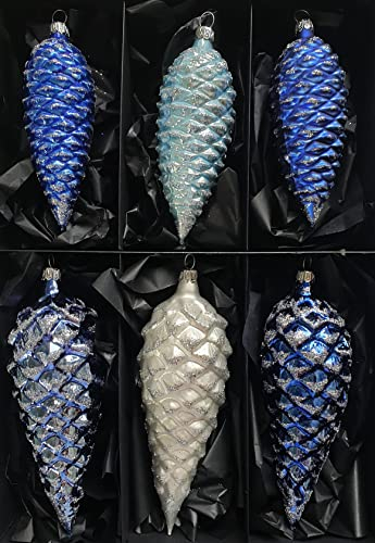 Thüringer Christbaumschmuck Exclusiv BLAU Weiss Mix Zapfen 12+16cm Handarbeit Germany 6er Set