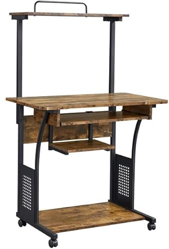 Abician Petit Bureau Informatique à roulettes à 3 Niveaux, Table d'ordinateur Vintage en Bois, Bureau avec Rangement pour Maison, Bureau, École, Chambre Brun Rustique
