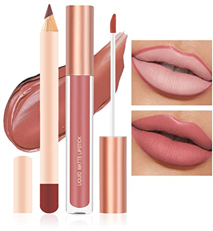 Prreal 2Pcs Lip Liner and Lipstick Makeup Set, Matte Liquid Lipstick + Matching Lip Liner, Nude Velvety Lipstick Makeup Kit Gift Set, Waterproof Long Lasting labiales mate 24 horas originales (09)