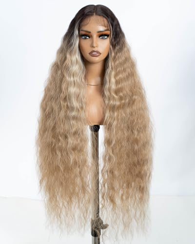 Style Icon Lace Front Perücke - Super Lange Lockige 104 cm Perücke für Damen - Synthetische Spitzenperücke T Part Lace - Hitzebeständig Ombre Blond