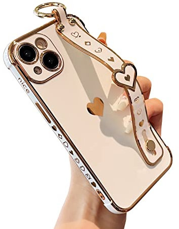 DEFBSC for iPhone 14 Case with Wrist Strap, Cute Side Love Heart Plating Edge Phone Case with Heart Pattern Wristband Finger Holder Stand Soft TPU Bumper Shockproof Protective Case - White