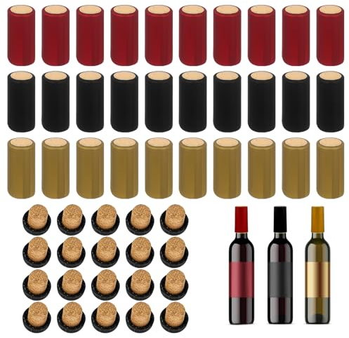 Lot de 50 bouchons de bouteille de vin en PVC - Capuchons thermorétractables - Pour fête, famille, mariage, cave à vin (rouge doré noir)