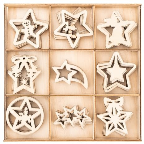 Ideen mit Herz Streu-Deko aus Holz | Holz-Motive Sterne | Weihnachten | Winter-Deko | Tisch-Deko | Inklusive Holz-Box | 9 versch. Designs, je 7 Stück | 63-teilig