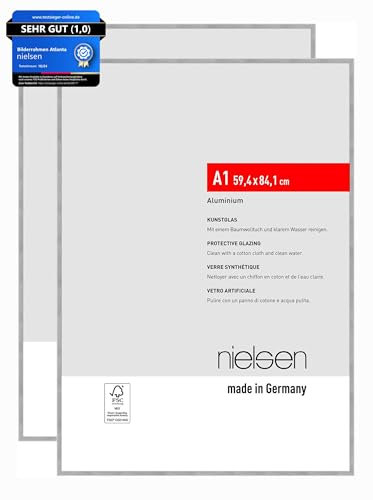 nielsen Bilderrahmen, 59,4 x 84,1 cm (A1) (2er Set), Aluminium, Silber matt, Posterrahmen zum Aufhängen im Hoch- & Querformat, bruchsicheres Kunstglas, Atlanta