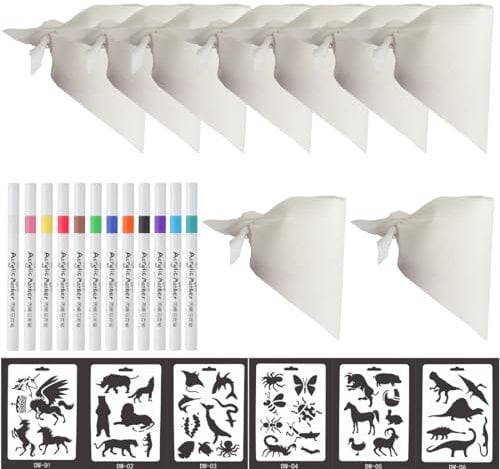 VIVIIHOO Babyparty Lätzchen bemalen Set - Halstuch Baby aus weißem Baumwolle mit Textilstiften und Schablonen - Dreieckstuch Baby Musselin zum Malen und Gestalten, 10 Stück