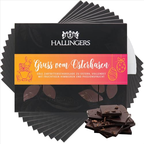 Hallingers Genuss Manufaktur Vegane Schokolade Oster-Geschenk - Tafel handgeschöpfter Edelkakao ohne Alkohol edler Karton 10x Gruß vom Osterh... Himbeer-Maracuja, Ostern Körbchen für Frauen Männer