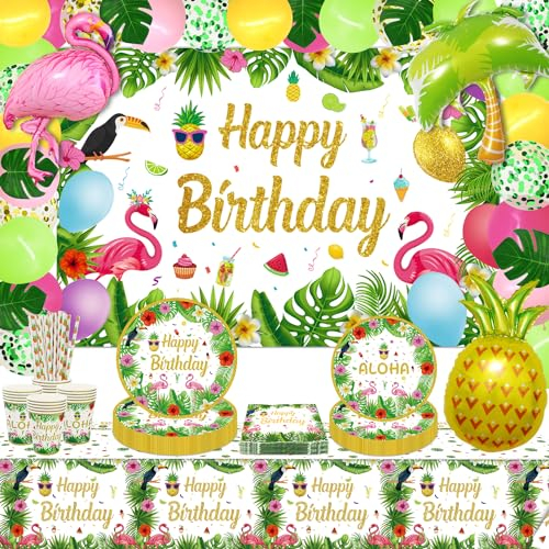 164 Pack Tropical Luau Party Decoration - Hawaiian Luau Birthday Party Supplies with Balloons, Backdrop, Hawaiian Tablecloth, Cups Serves 20