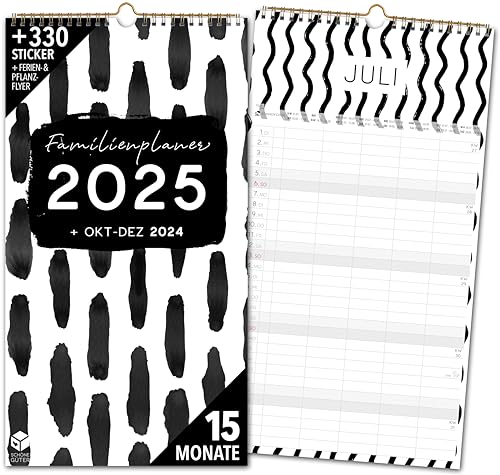 Familienkalender 2025 5 Spalten SCHWARZ WEIß Familienplaner 2025 und Okt-Dez 2024 Wandkalender 24 x 43cm Planer für Familie 2025 Wandplaner STICKER Recycling Urlaub Black and White