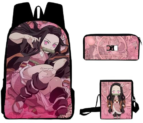 Xinchangda 3pcs Kamado Tanjiro Rucksack Federmäppchen Umhängetasche Kamado Nezuko Backpack 3D-Drucken Anime Schultasche mit Verstellbare Träger für Jungen und Mädchen