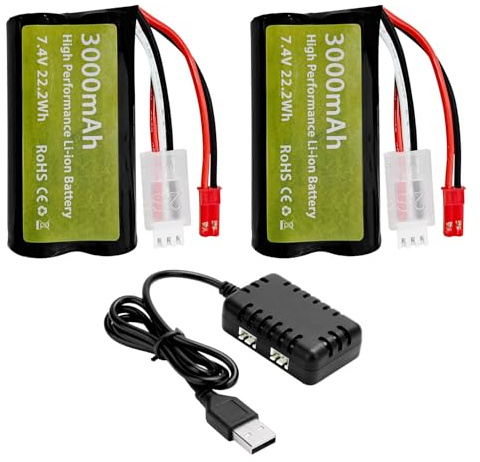 ZYGY 2PCS 7.4V 3000mah 15C 2S Li-ion Battery with JST-2P Plug with 2-in-1 Charger for UDIRC UD1601 UD1602 SG1603 RC Car 1/10, 1/12, 1/16 Scale Truck RC Boat RC Drone Engineering Car Battery