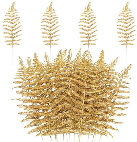 MWOOT 16 Stück Weihnachten Künstliche Farne Pflanzen, Glitzer Künstliche Blätter Gold, Gefälschte Künstliche Zweige DIY Zubehör für Girlande Kranz Weihnachtsbaum Blumenstrauß Haus Garten Dekoration