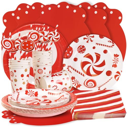 SUNBEAUTY Juego de 80 Platos de Navidad para 16 Invitados, Platos y Vasos de Papel, Bastones de Caramelo Rojos, Servilletas, Pipeta, Accesorios de Fiesta