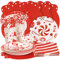 SUNBEAUTY 80 Stück Weihnachten Partygeschirr Set 16 Gäste Weihnachts Pappteller Rote Zuckerstangen Element Servietten Pappbecher Papierpipette Weihnachten Partyzubehör Set für Weihnachten Party Deko