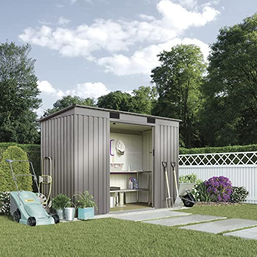 Garden Gear Metal Garden Grey Shed Small Outdoor Storage 6.6ft x 4ft with Sliding Doors, Weatherproof Pent Roof