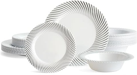 MATANA 96 Pezzi Piatti e Ciotole in Plastica Bianca con Bordo Argento - 32 Piatti Piani, 32 Piattini, 32 Ciotole - Stoviglie Elegante e Riutilizzabile per Feste, Matrimoni, Compleanni, Picnic