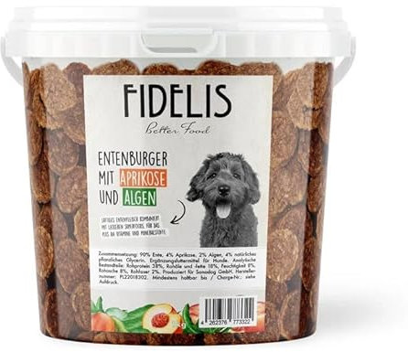 Fidelis - Entenburger Häppchen Alge & Aprikose für Hunde im praktischen 1kg-Eimer - Luftgetrocknete Hunde Leckerlis aus 100% natürlichen Rohstoffen