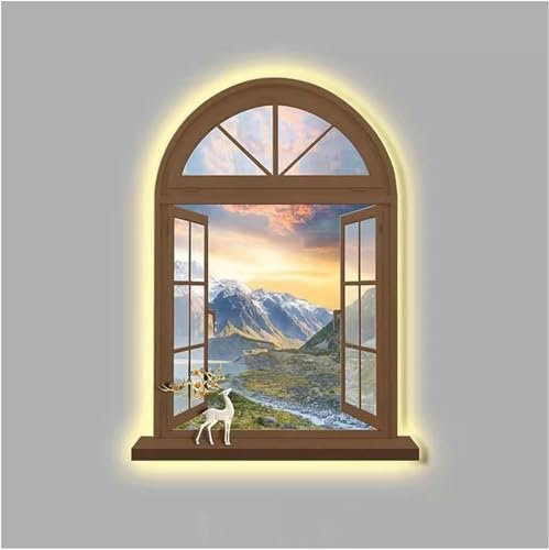 Decorazione artistica da parete 3D Sculture da parete Arte da appendere alla parete con luce a LED, cornice di finestra finta Vista della luce del sole sul paesaggio collinare, decorazioni Lampada Pit