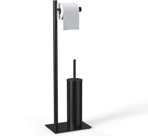 WZRUA Black Freestanding Toilet Roll Holder and Toilet Brush Holder Set, 304 Stainless Steel Toilet Paper Holder Stand, Anti Overflow Free Standing Toilet Brush Holder