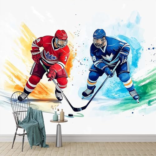 Aquarell-Eishockey-Spieler-Wandbild, 200 x 140 cm, Fototapete für Jungenzimmer und Spielzimmer, Kinderzimmer-Dekor