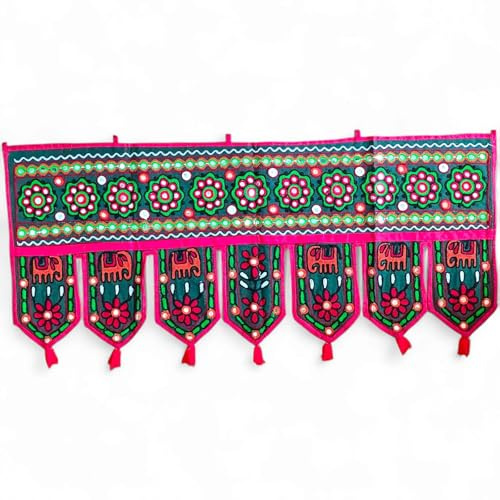 Original Kikan Elephant Handmade Tapestry Cotton Door Wall Hanging Ethnic Topper Toran Indian Window Valance (37 x14 Inches) (FOREST GREEN)
