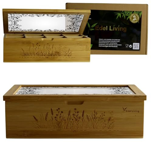 Edel Living Premium Teebox Holz mit 8 Fächern, Acrylglasfenster, Kräutergravur & Magnetverschluss - vielseitig verwendbar für teeboxen für teebeutel, Kaffeekapseln&mehr (Mattschwarzem Blumendruck)