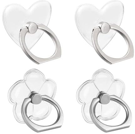 4 Pack Transparent Phone Ring Holders - 360° Rotation, Finger Kickstand & Hand Grip for iPhone - Heart and Flower Shapes - Clear & Stylish Phone Rings for Phone Case