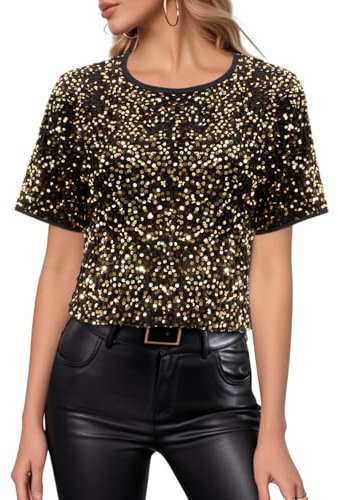 Segreto Damen Glitzer Pailletten Tops Short Sleeved Rundhals Locker Oberteil Glänzende Party Bluse T-Shirts Festliches Outfit, Schwarz Gold Mesh Pailletten/M