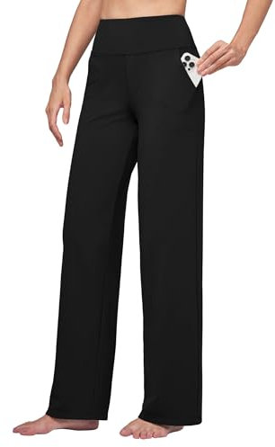 WILLIT Yogahose Damen Weite Bein Hose Stretch Sporthose Jogginghose High Waist Bauchkontrolle Freizeithose Arbeit lässige Hose mit Taschen 32“ Schwarz XXL