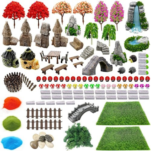 Woohome 121 Stück Miniatur Garten Zubehör, Miniatur Garten Deko, Mini Gartenmöbel Deko mit Kunstrasen, Zaun, Baum für DIY, Feengarten Dekoration