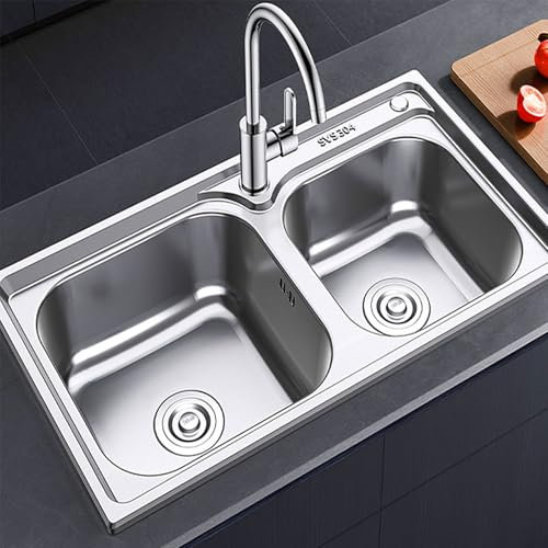 Doppelbecken-Küchenspüle Drop-In-Edelstahlspülen Unterbau-Küchenspülen Form Runde Eckspüle Doppelte moderne Küchenspülen for Haushalt, Bauernhaus, Bar, Wohnmobil(With faucet,32)