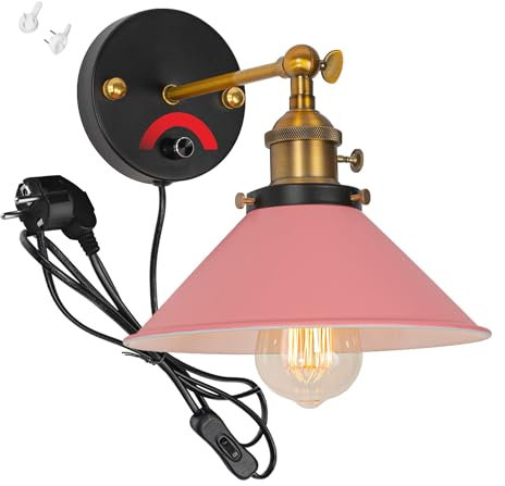 FSLiving Dimmbar Wandleuchte Innen Mit Schalter, Vintage Metall Wandlampe mit E27 Lampenfassung für Wohnzimmer Treppenhaus Flur Schlafzimmer, Rosa