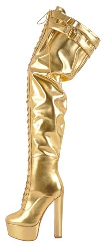 blingqueen Damen Overknee Plateau Stiefel Blockabsatz Schnürstiefel Thigh High Boots Warm Gefütterte Winterstiefel Metallic Gold 46 EU