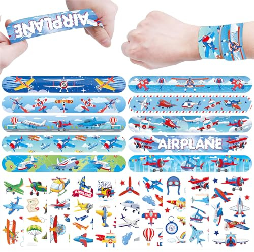 ENCETARDE 60-teiliges Flugzeug-Party-Set, 30 temporäre Tattoos, 30 Stück Slap Armbänder, Flugzeug-Themen-Geburtstagszubehör, Flugzeug-Party-Dekoration, Babyparty-Geschenke, Klassenzimmer-Belohnungen