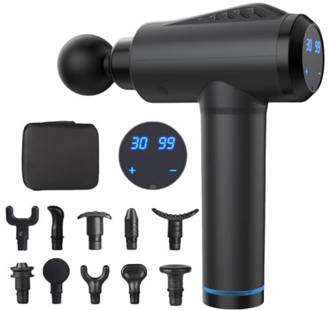 Oryzom Massagepistole mit 30 Geschwindigkeiten/Massage Gun für tiefe Muskelmassage mit bis zu 3600 Impulsen/min / 10 Aufsätze für Nacken, Rücken & Körper/Mit LCD-Touchscreen