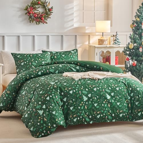 Lekesky Christmas Double Duvet Cover Green Bedding Set- Christmas Tree Print Double Duvet Set (1x Quilt Cover + 2x Envelope Pillowcases) Soft Microfibre Green Bedding 200x200 cm