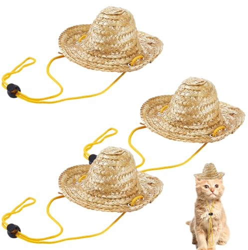 AHANDMAKER 3 Pack Mini Sombrero Hats Natural Adjustable Straw Cat Hat Beach Hat for Small Dog Pet Costume Funky Outdoor Party Festival Decoration,4.6x1.89in