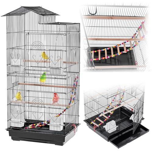 KADAX Vogelvoliere 46 x 36 x 100 cm, Vogelkäfig mit Sitzstangen, Leiter, Schaukel & Futternäpfen, Vogelhaus aus Metall, großer Käfig für Wellensittiche, Papageienkäfig