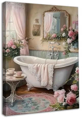 Dazzlewall Elegante Badezimmer Wandkunst, Romantisches Pink-Rosen-Thema Badewanne Kunstwerk für Badezimmer Toilette Wanddeko Mit Rahmen 30x40 cm