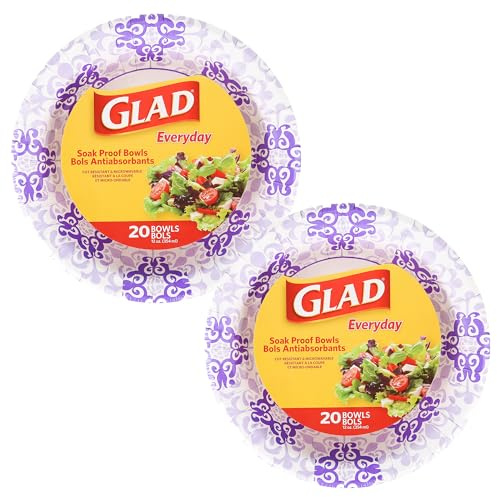 Glad Round Disposable Paper Bowls, Purple Victorian, 12 Oz, 20 Count, 2-Pk | Heavy-duty, soak-proof, cut-resistant bowls for everyday meals, parties, picnics, and casual daily entertaining