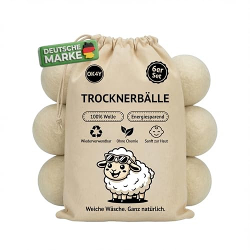 OK4Y Trocknerbälle aus 100 % Schafwolle – 6er Set, natürliche Wäschepflege ohne Chemie, wiederverwendbar, plastikfrei, verkürzt Trocknungszeit, leise & schonend für Textilien