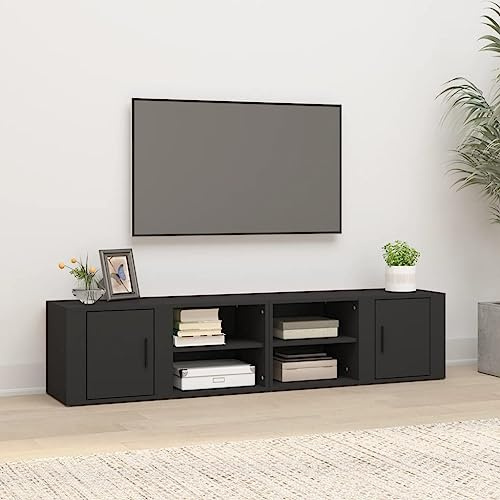PHGTYUK Mobile TV, 2 pezzi, nero, 80 x 31,5 x 36 cm, in legno con 3 scomparti e pratica porta, mobile Hi-Fi, per dispositivi multimediali e stoccaggio