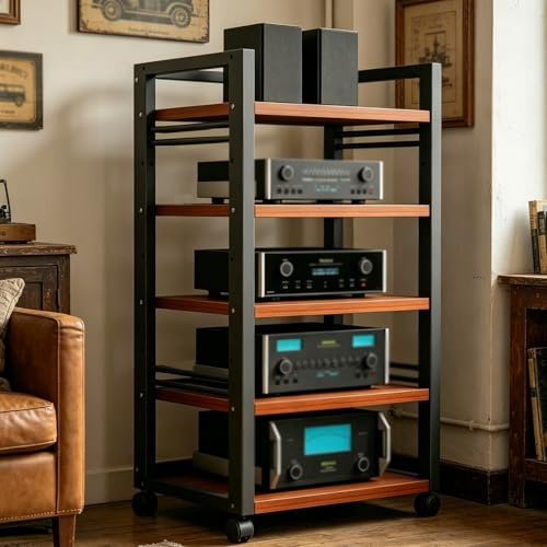 Höhenverstellbarem Regal 5/7 Lagige HiFi Rack, Universalrädern Audio-Audio-Speicherregal Verstärker-Rack Mit Ablagen, Wohnzimmer Plattenspielerständer mit Stauraum(Teak,5tier)