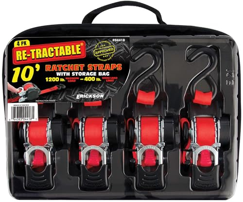 Erickson 04418 Pro Series Red 1 x 10' Retractable Ratcheting Tie-Down Strap, (Storage Bag of 4, 1200 lb Load Capacity)