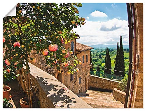 ARTLAND Wanddeko Poster & Kunstdrucke Wandposter 80x60 cm Fensterblick Toskana Landschaft Garten Rosen Balkon Natur T4QS